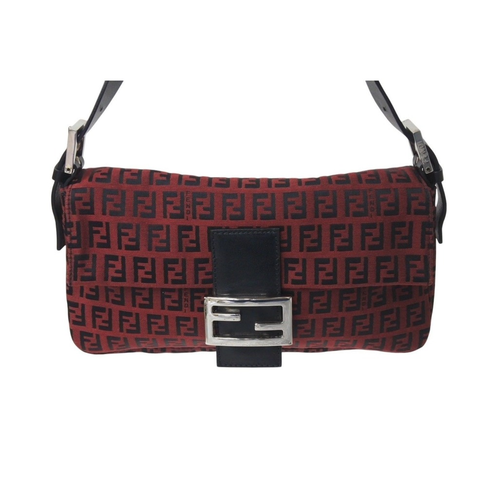 Fendi Bag Bucket One Red Canvas Mamma Black Leather Zucchino Shoulder Hobo